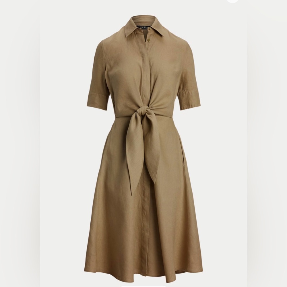Ralph Lauren Knot-Tie Midi Shirt Dress in Camel Brown - Picture 2 of 9